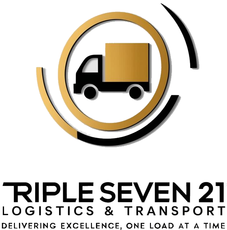 Triple Seven 21 Logistics & Transport logo featuring a gold and black truck icon with the slogan 'Delivering Excellence, One Load at a Time'